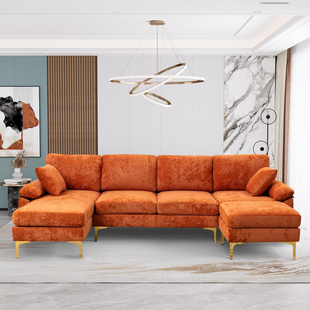 114" U-Shaped Velvet Sectional Couch with Ottoman O4419