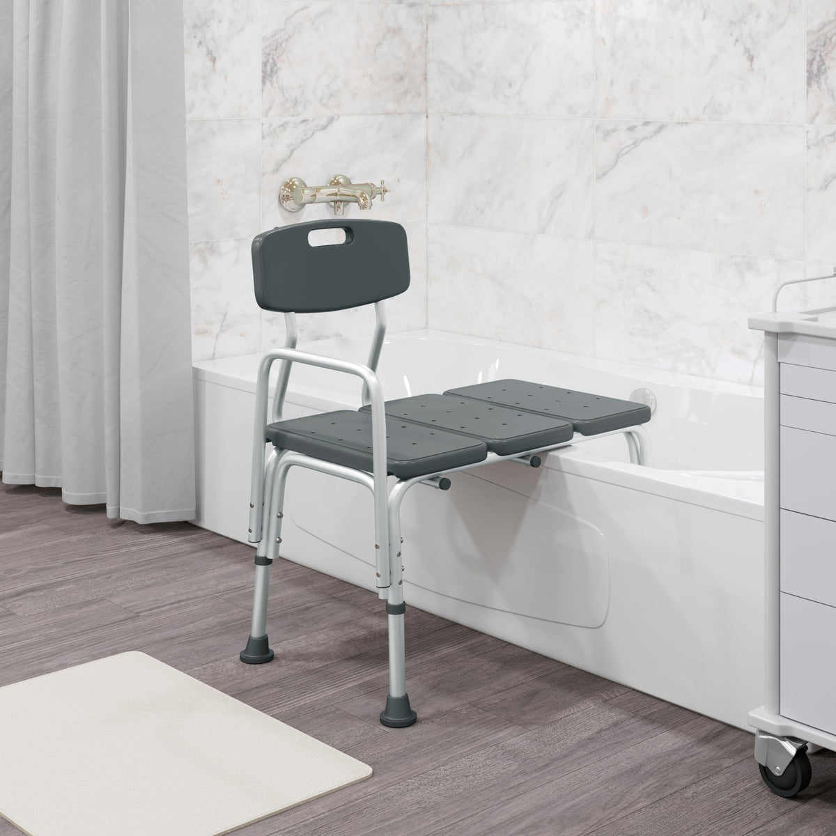 Adjustable Gray Bath & Shower Transfer Bench with Back and Side Arm J432