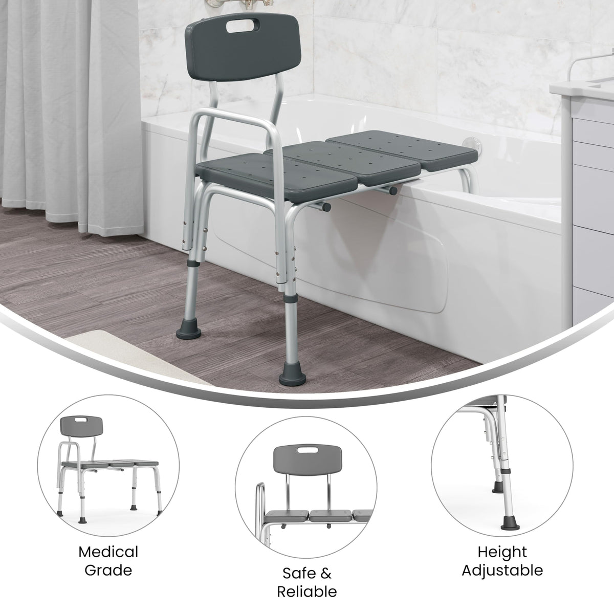 Adjustable Gray Bath & Shower Transfer Bench with Back and Side Arm J432