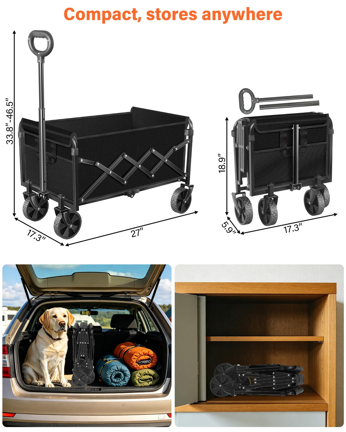 Foldable Wagon Cart with Wheels, 2 Cup Holders, Black C28912