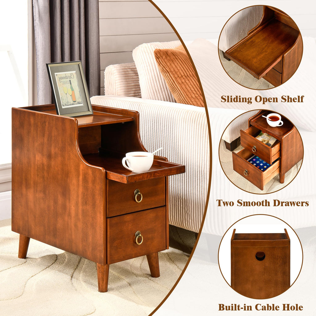 Solid Wood Narrow Nightstand with 2 Drawers O872