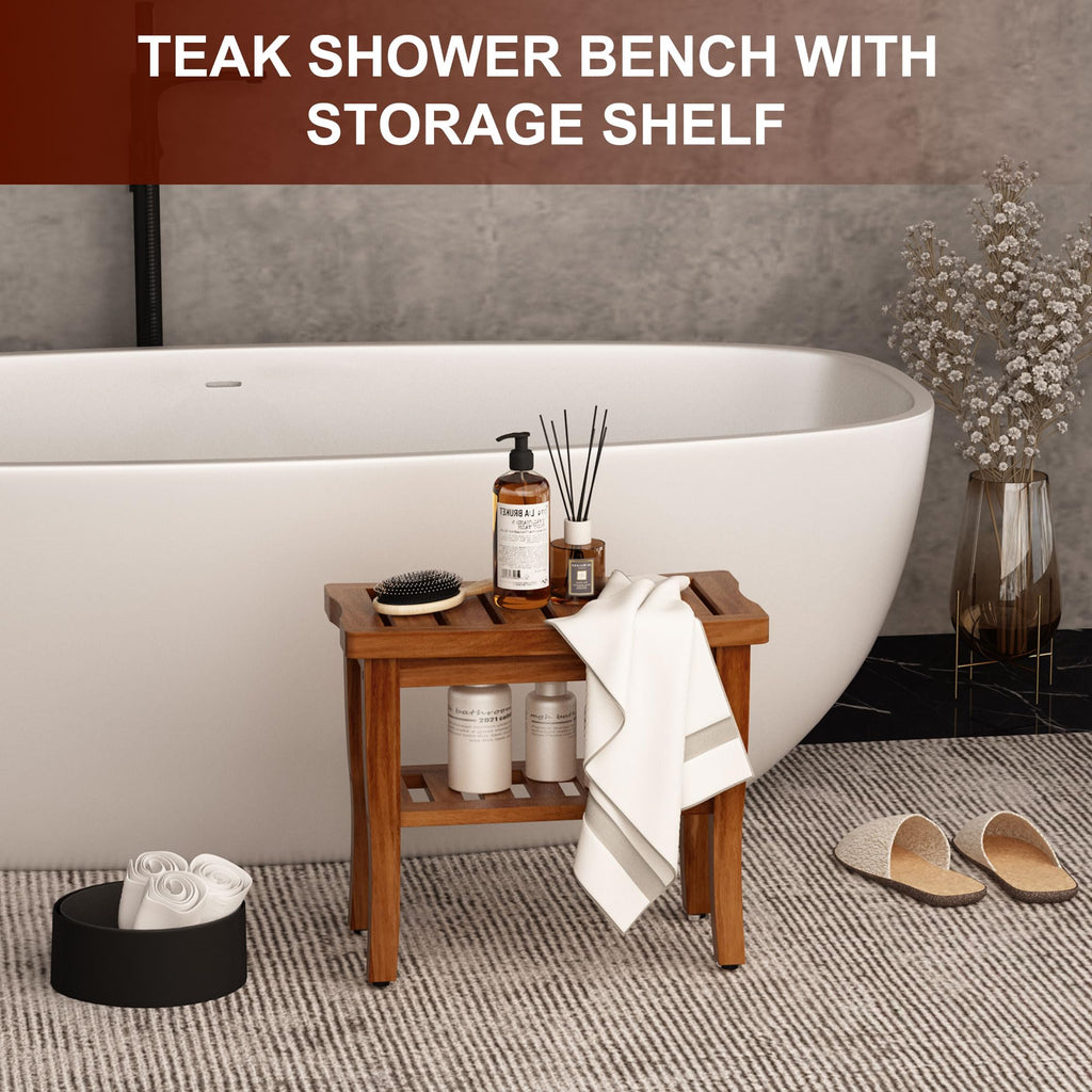 Teak Shower Bench Stool with Storage Shelf H709671