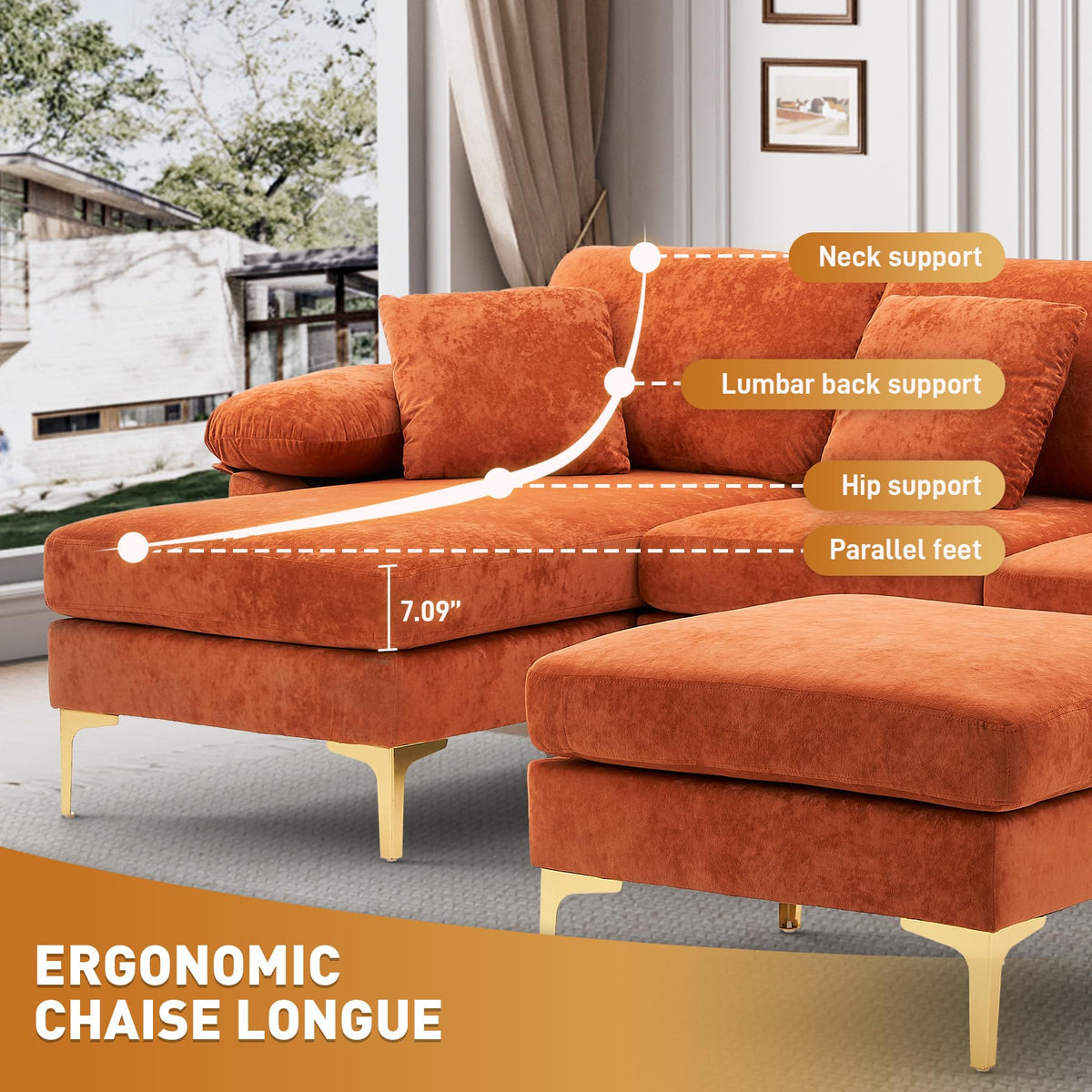 114" U-Shaped Velvet Sectional Couch with Ottoman O4419