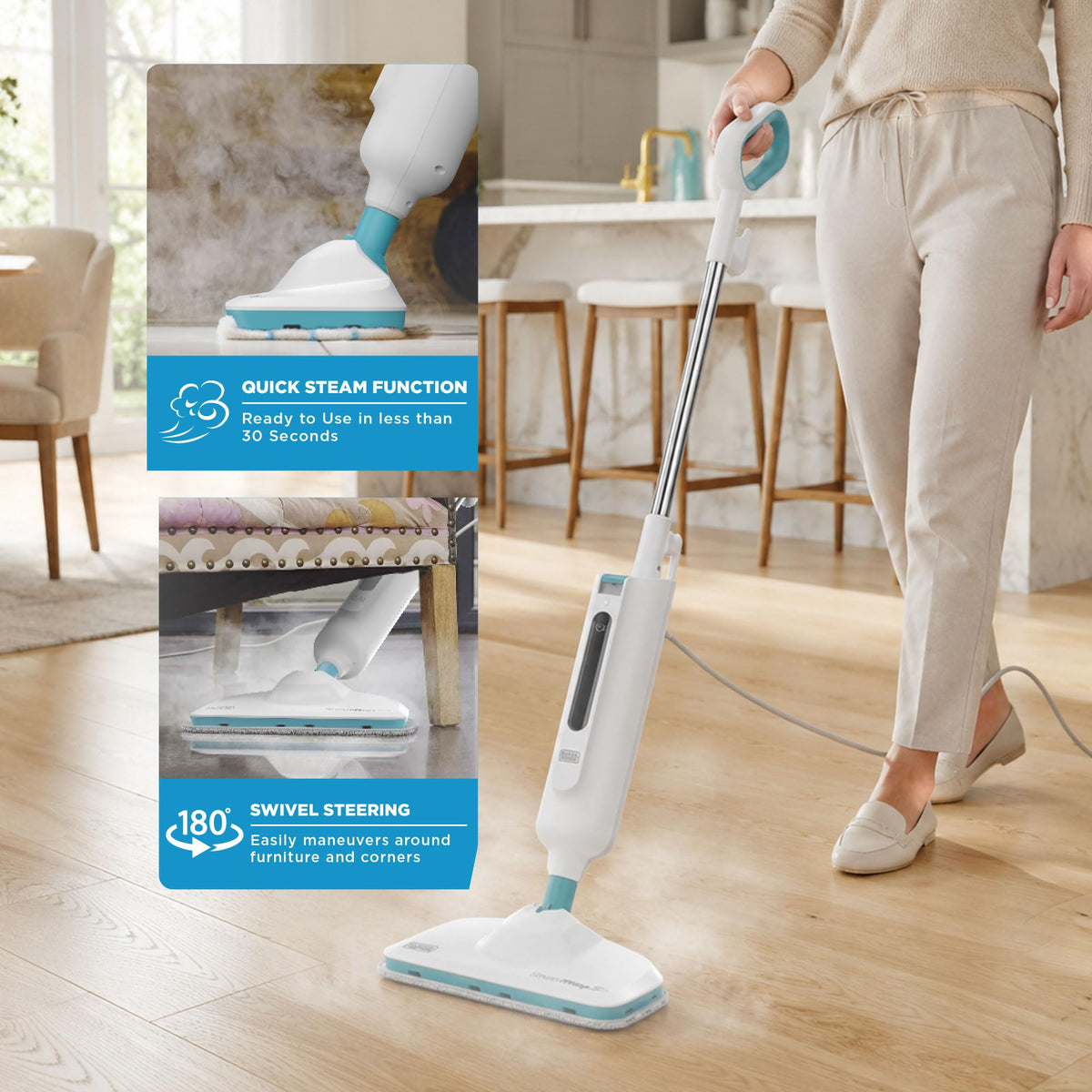 1300W Steam Mop with Carpet Glider and 2 Microfiber Pads T6553