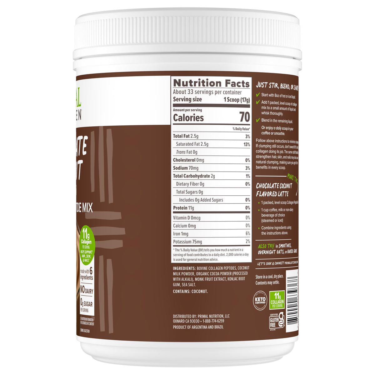 Chocolate Coconut Collagen Peptides Drink Mix 20 Ounces W355