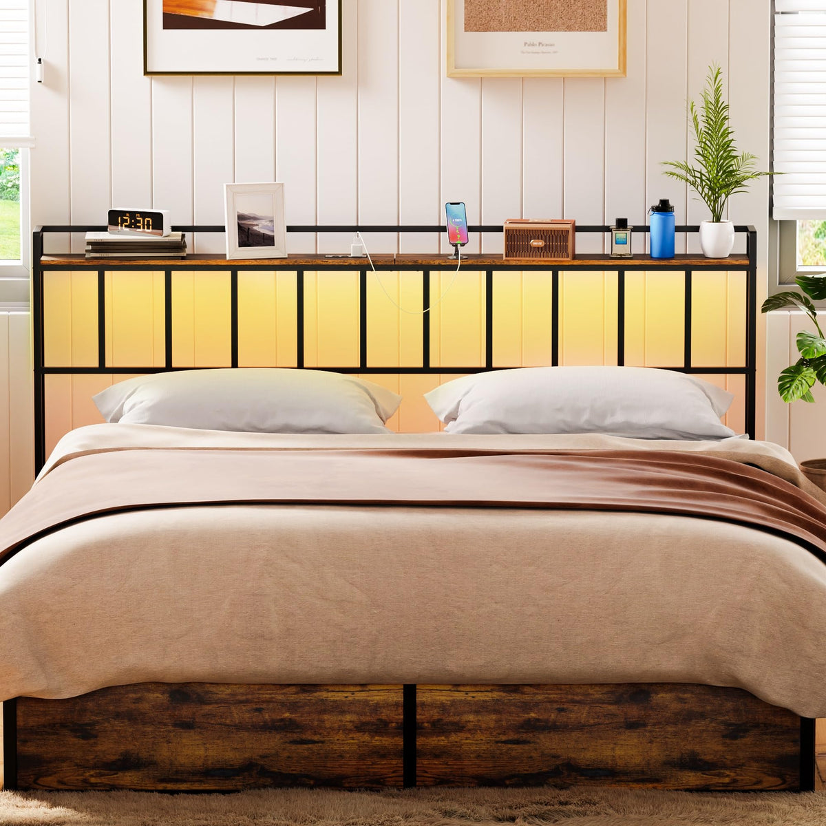 King Size Headboard with LED Light, Outlets and USB Ports, Storage Rack, Rustic Brown N70260