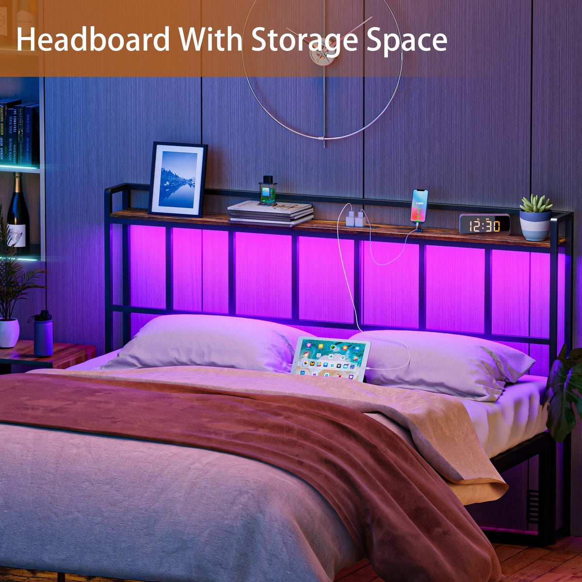 King Size Headboard with LED Light, Outlets and USB Ports, Storage Rack, Rustic Brown N70260
