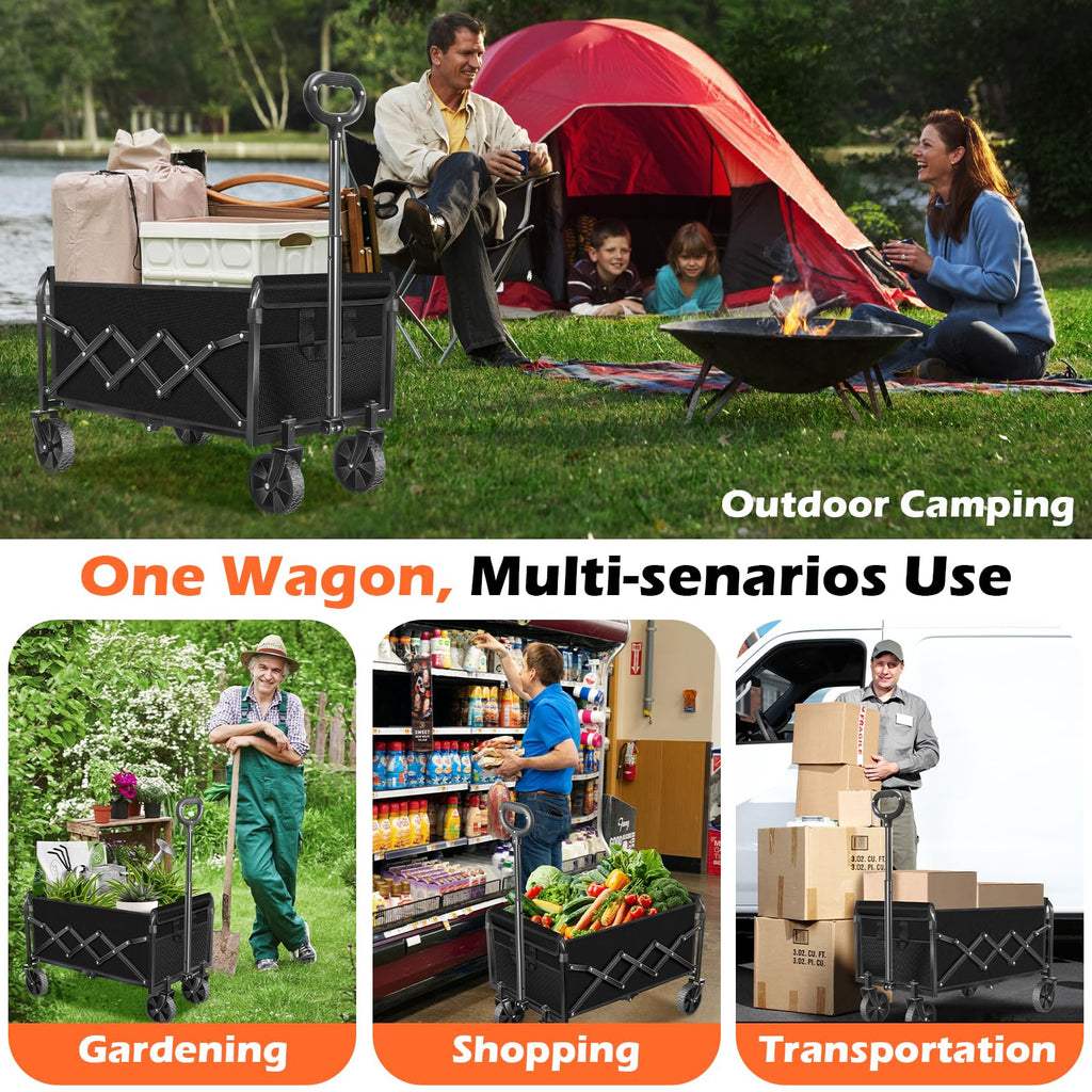 Foldable Wagon Cart with Wheels, 2 Cup Holders, Black C28912