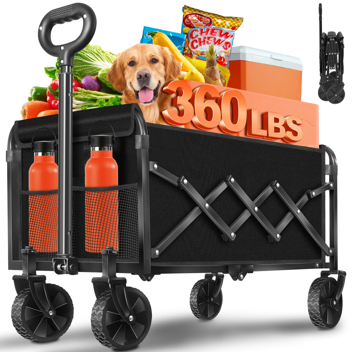 Foldable Wagon Cart with Wheels, 2 Cup Holders, Black C28912