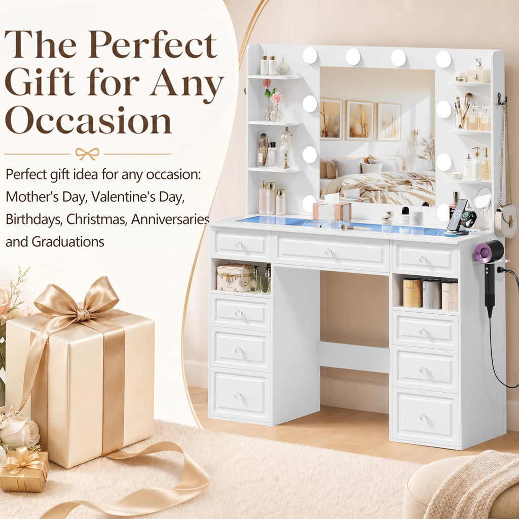 White Vanity Desk with Mirror and 10 LED Lights A2418