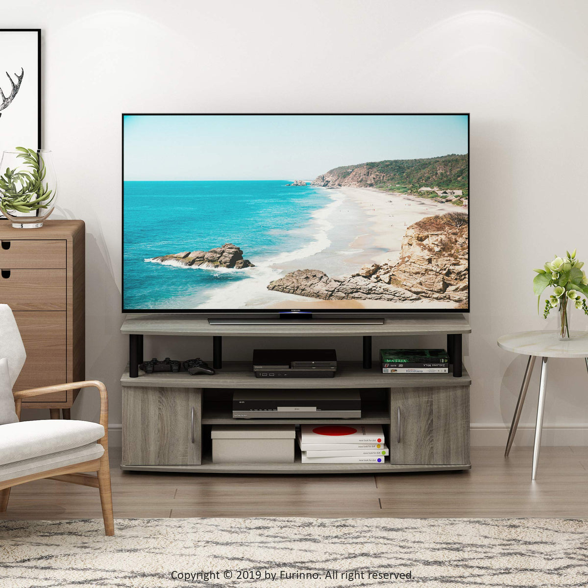 French Oak Grey/Black Entertainment Stand for TV Up to 55 Inch D735830