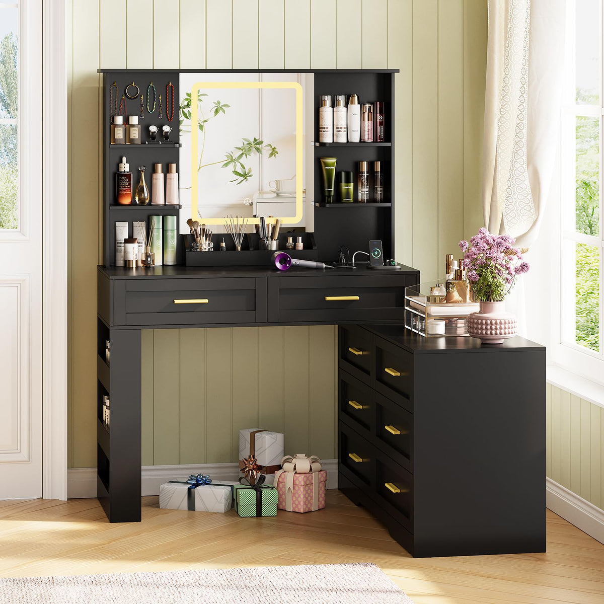 Black Makeup Vanity Desk with Mirror and Lights C3525