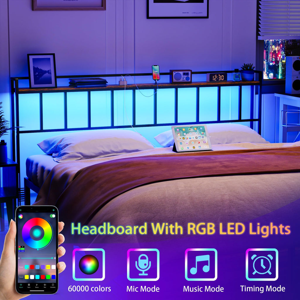 King Size Headboard with LED Light, Outlets and USB Ports, Storage Rack, Rustic Brown N70260