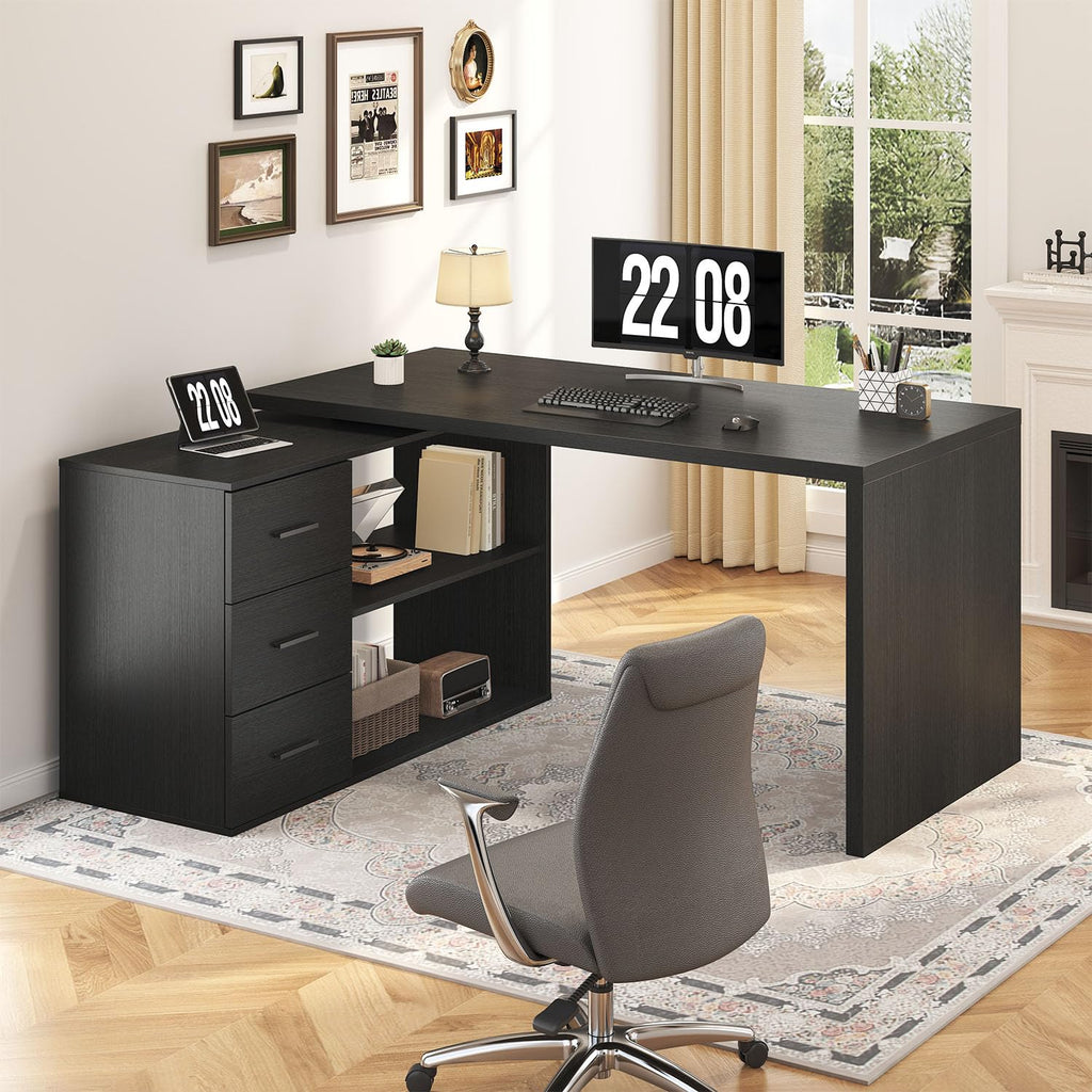 Black L Shaped Corner Desk with Storage Drawers K944346