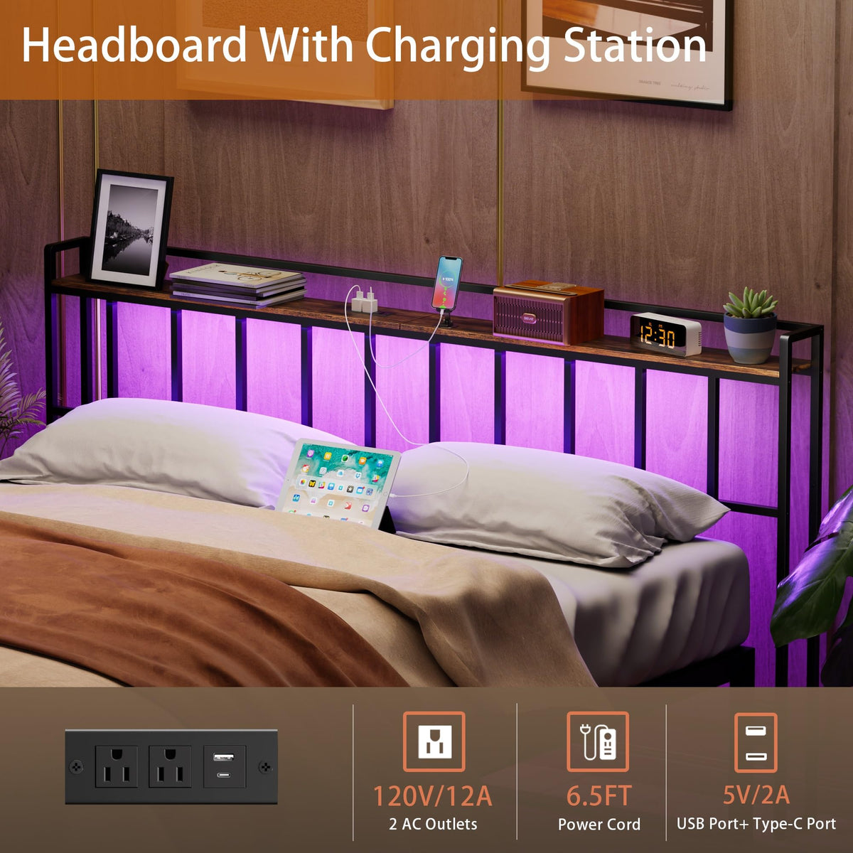 King Size Headboard with LED Light, Outlets and USB Ports, Storage Rack, Rustic Brown N70260