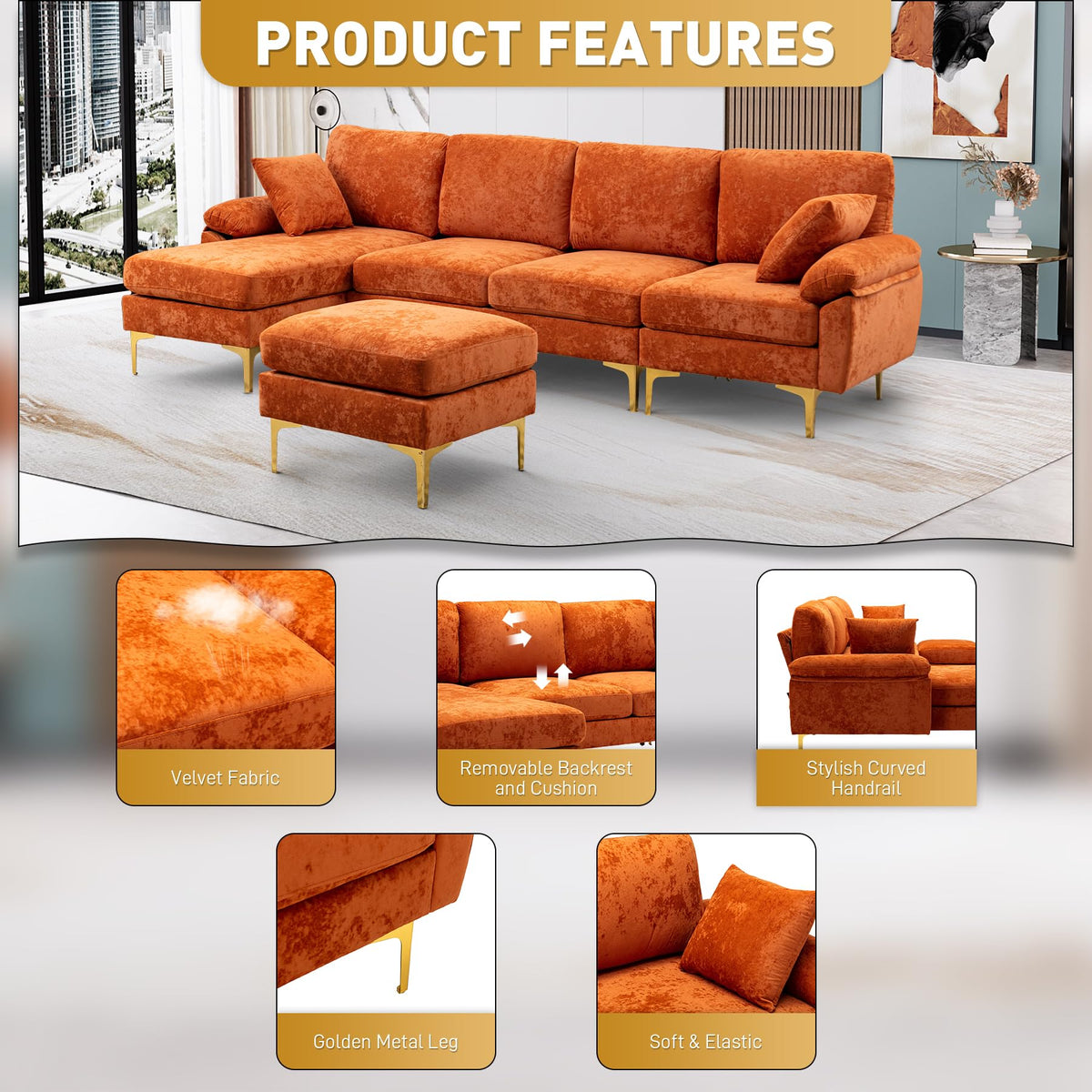 114" U-Shaped Velvet Sectional Couch with Ottoman O4419