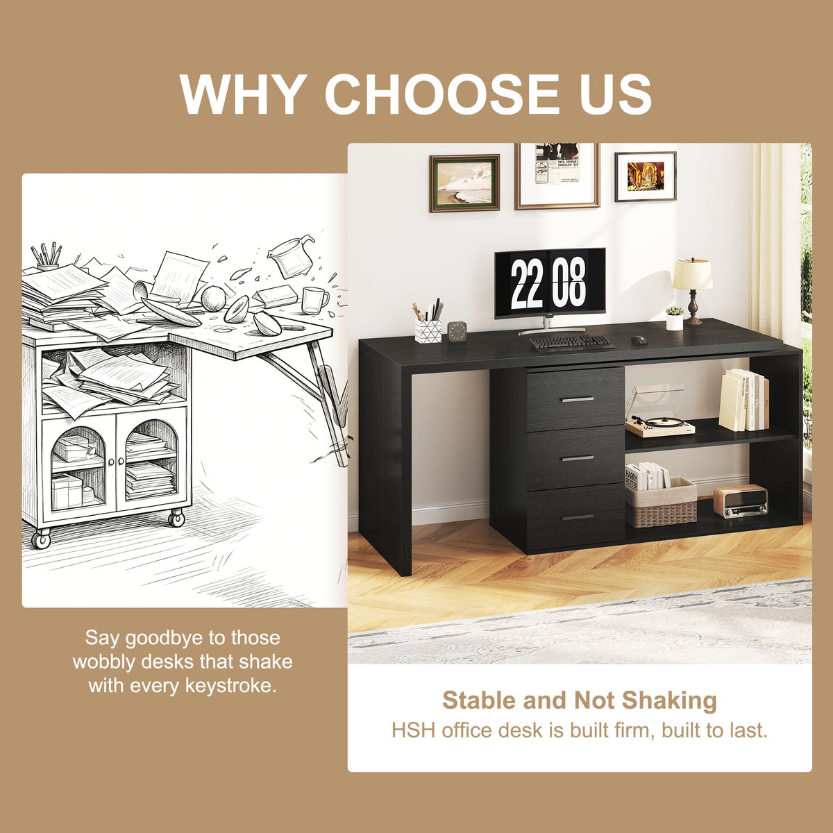 Black L Shaped Corner Desk with Storage Drawers K944346