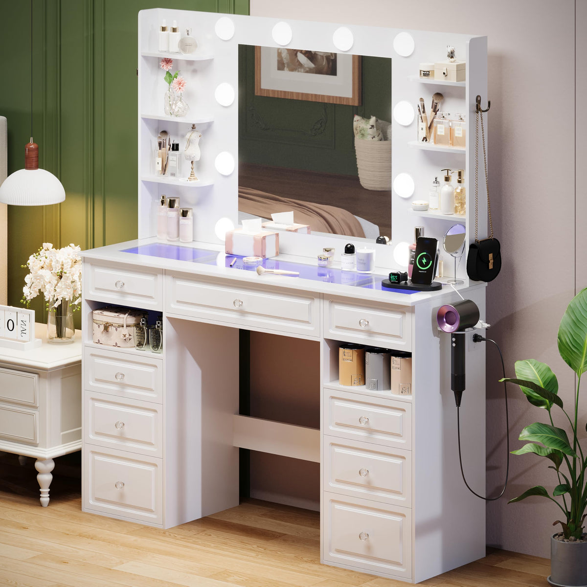 White Vanity Desk with Mirror and 10 LED Lights A2418