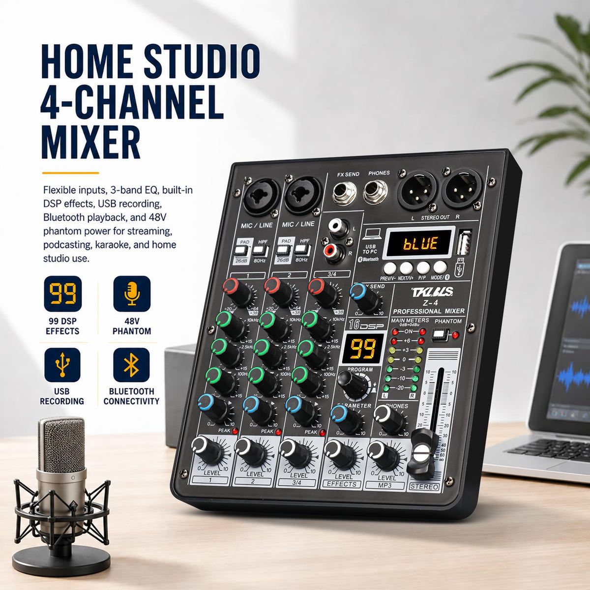4 Channel Podcast Audio Mixer with 99 DSP Effects O890256