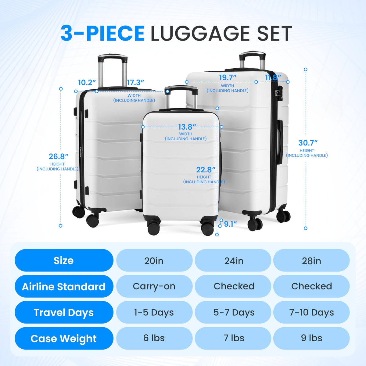 20 Inch White Hardside Carry On Luggage I351