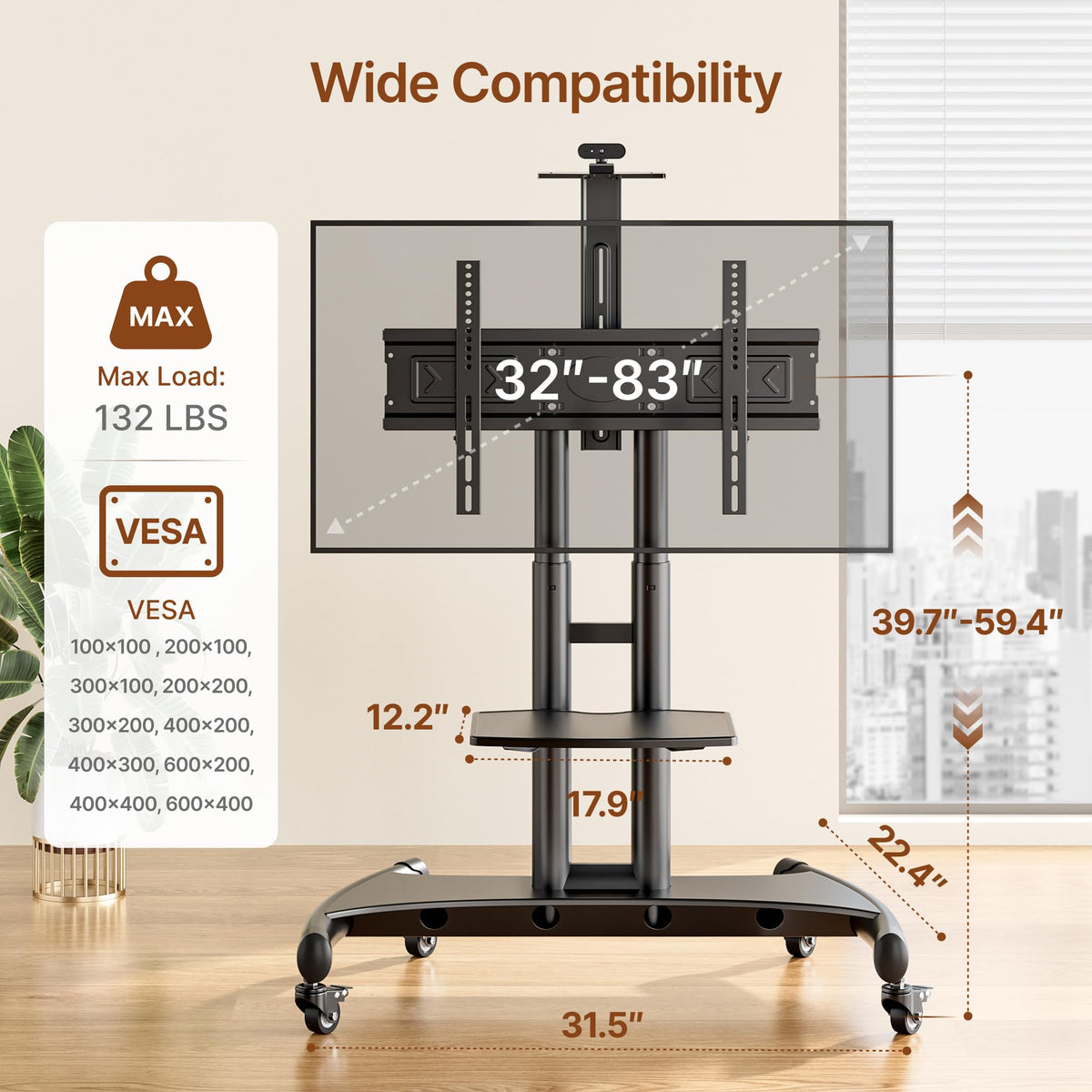 Rolling TV Stand with Shelf for 32-83" TV H618