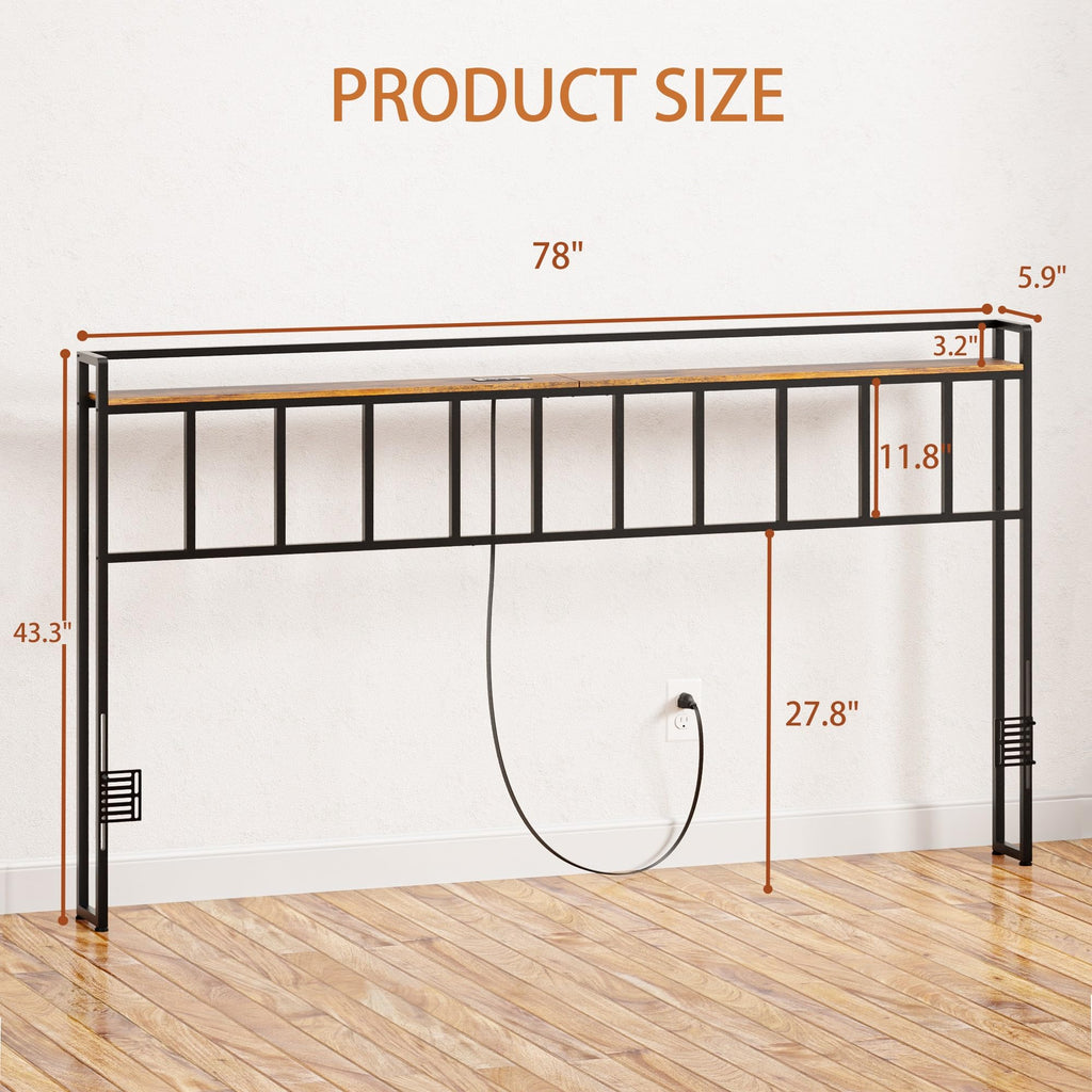 King Size Headboard with LED Light, Outlets and USB Ports, Storage Rack, Rustic Brown N70260