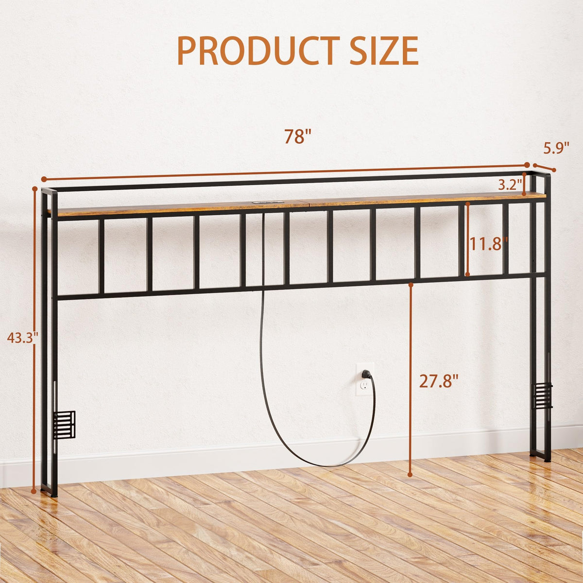 King Size Headboard with LED Light, Outlets and USB Ports, Storage Rack, Rustic Brown N70260