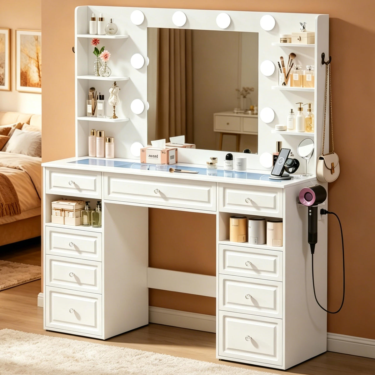 White Vanity Desk with Mirror and 10 LED Lights A2418