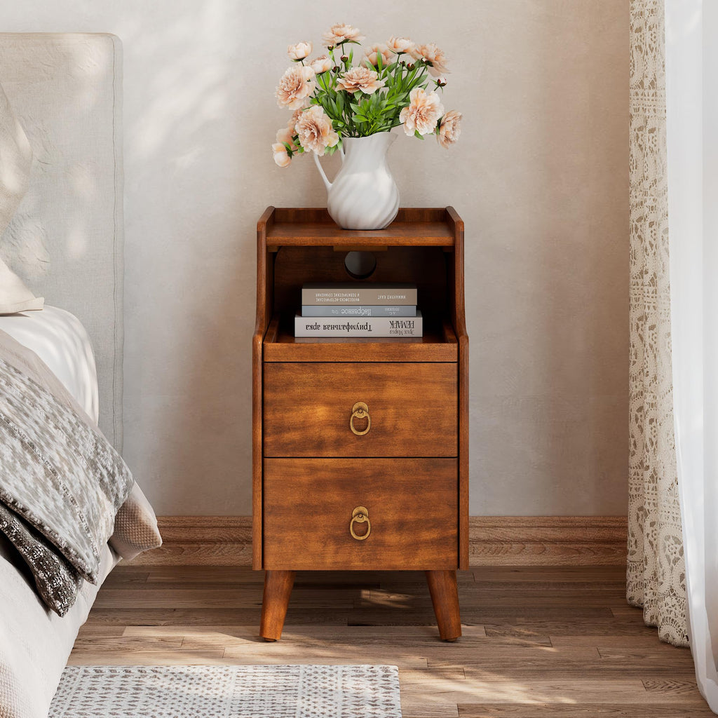 Solid Wood Narrow Nightstand with 2 Drawers O872
