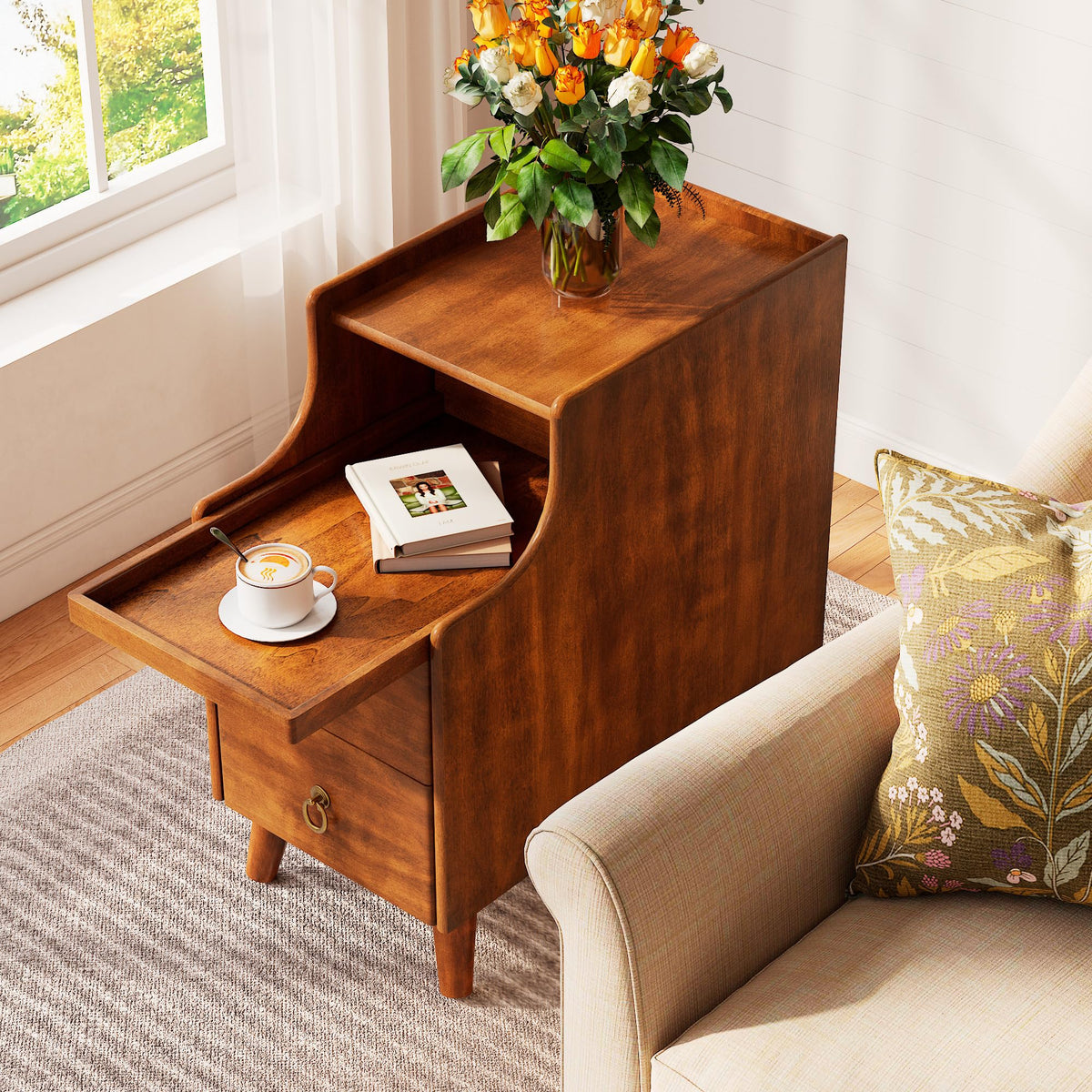 Solid Wood Narrow Nightstand with 2 Drawers O872