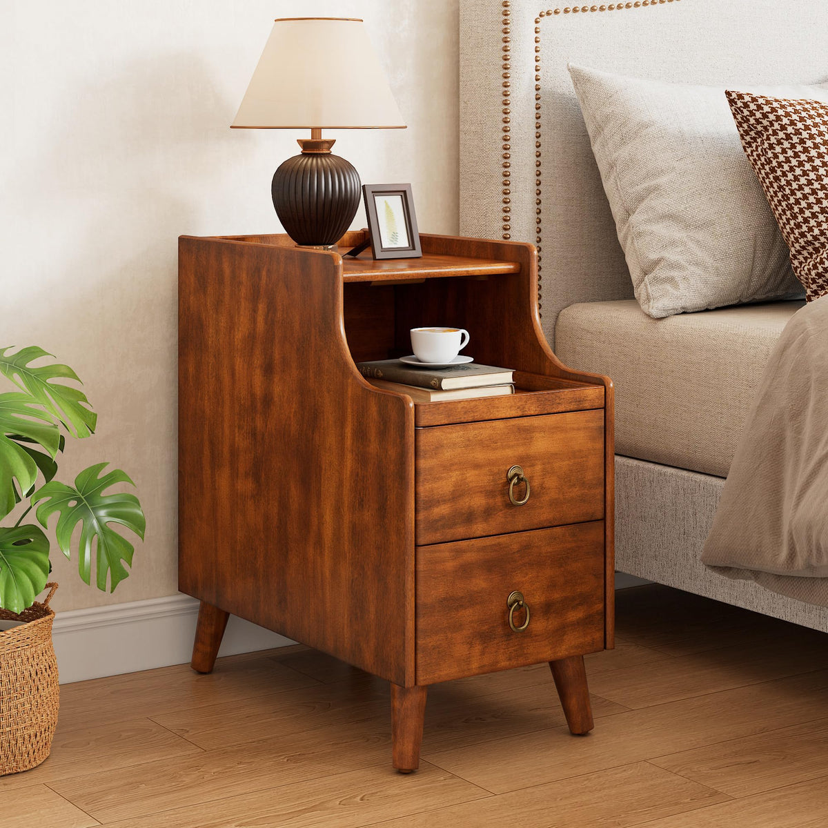 Solid Wood Narrow Nightstand with 2 Drawers O872