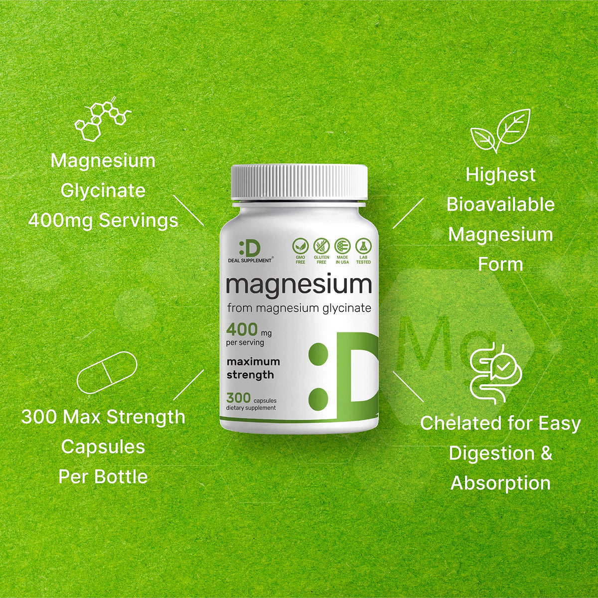 Magnesium Glycinate 400mg, 300 Capsules T142